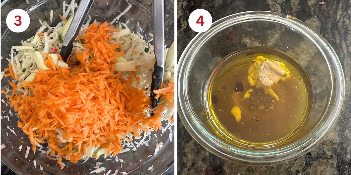 Photos of the shredded ingredients and the vinaigrette ingredients in a small bowl.