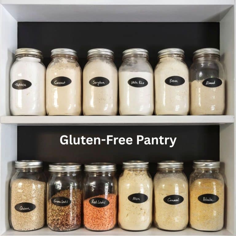 Mason jars filled with different pantry flours, lentils, and grains.
