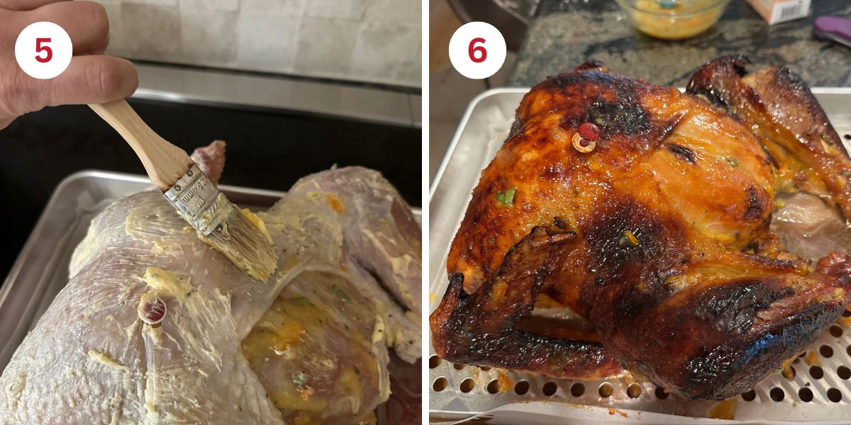 Photos showing brushing softened butter over the turkey skin and of the finished baked turkey.