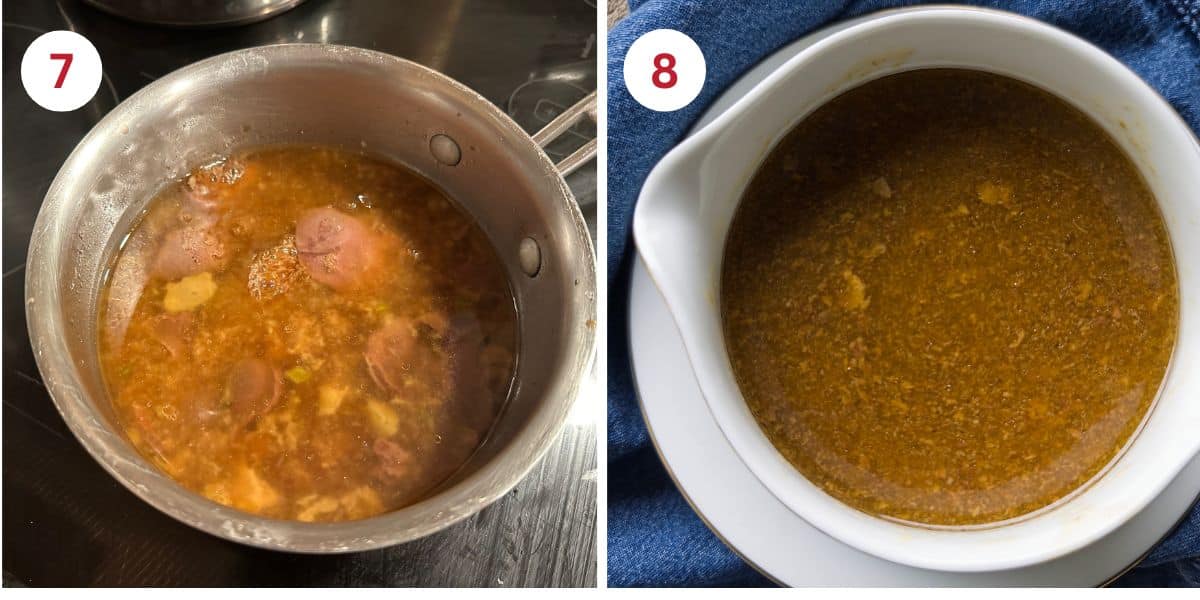 Photos of the gravy cooking on the stove and in a gravy boat.