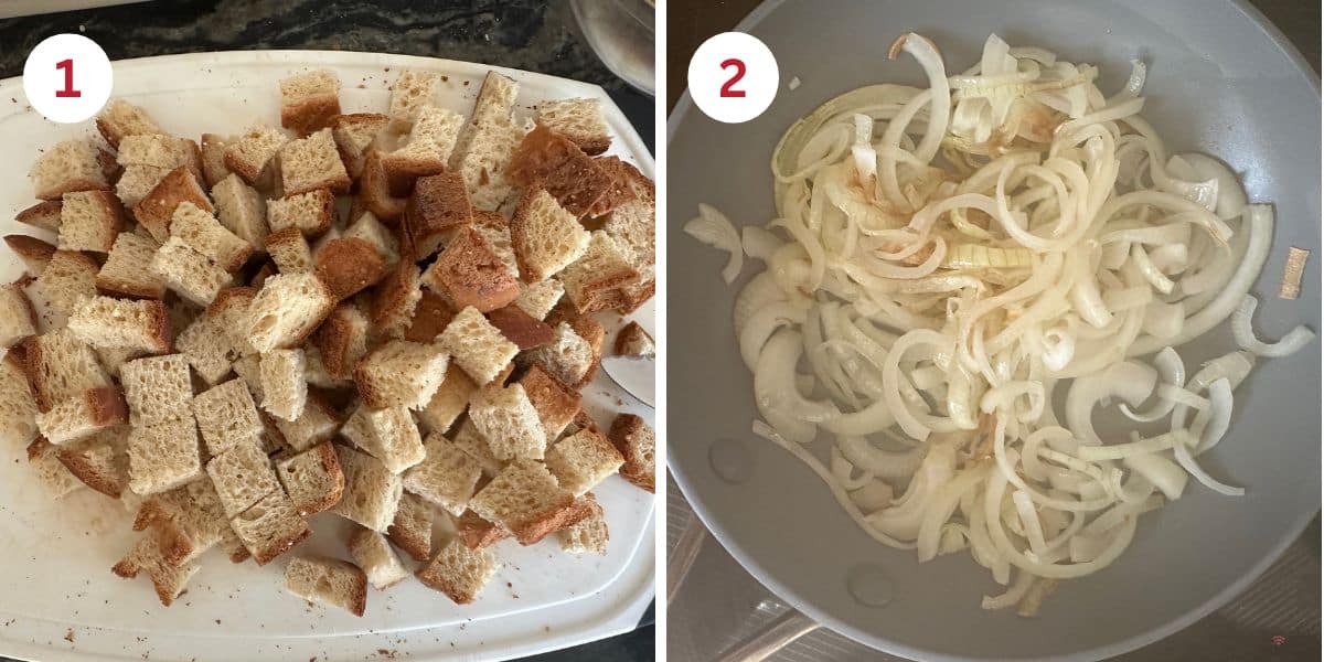 Photos of cubbing the bread and caramelizing the onions in a skillet.