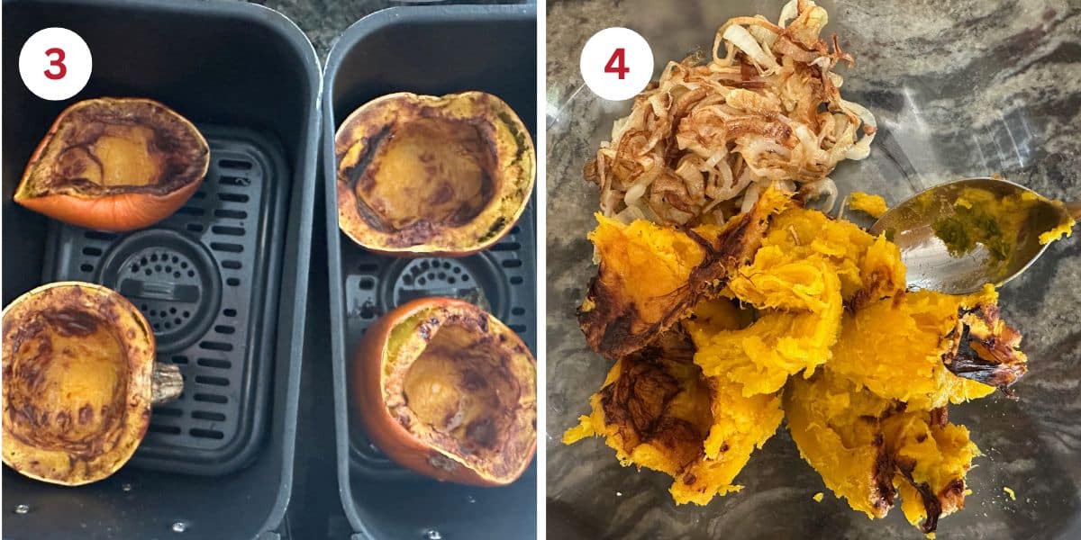 Photos of the pie pumpkins roasted in the air fryer and adding the roasted pumpkin flesh to a mixing bowl.