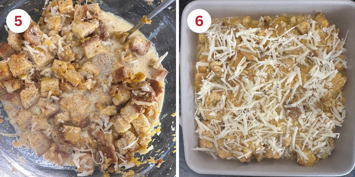 Photos of the bread cubes absorbing the liquid and of the pudding ready to bake.