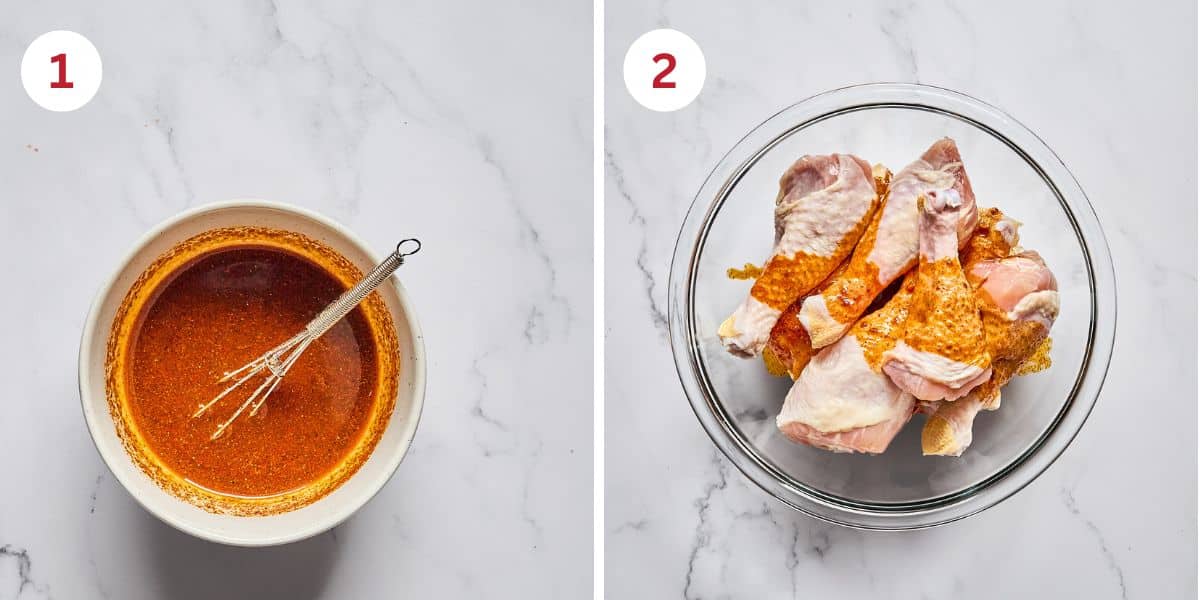 Photos of the marinade and the chicken legs in a mixing bowl.