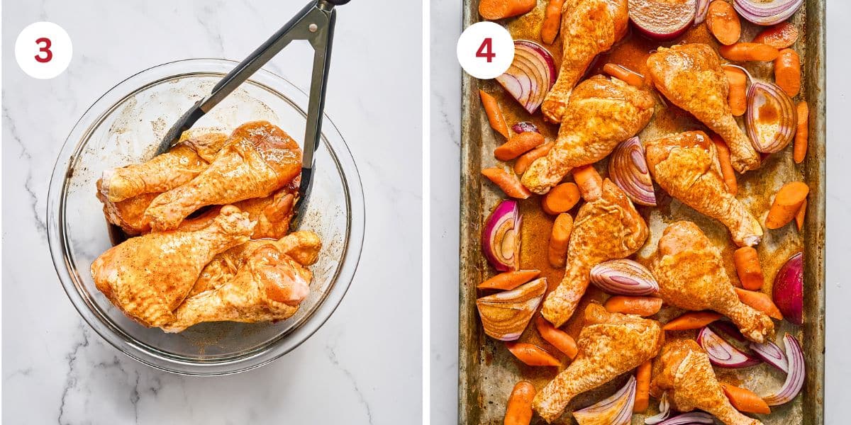 Photos of the marinating chicken legs in the bowl and arranged on the sheet pan.