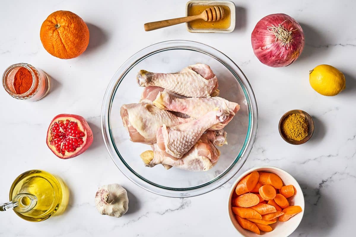 Photos of all of the ingredients used in this sheet pan chicken recipe.
