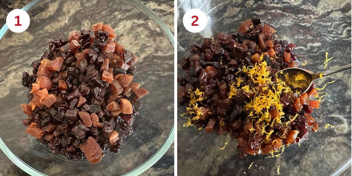 Photos of the dried fruit soaking and adding the orange zest.