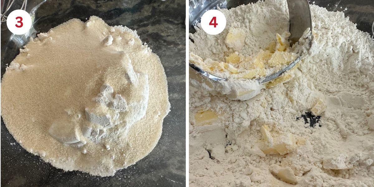 Photos showing mixing the dry ingredients and cutting in the cold butter.