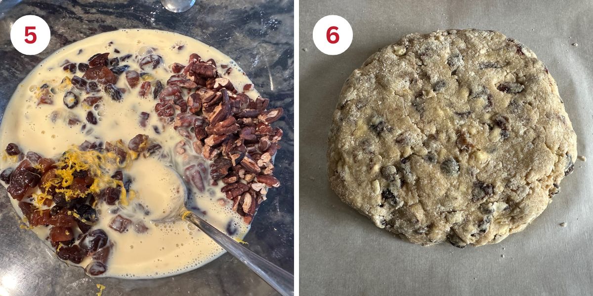 Photos of the wet ingredients mixed together and the scone dough ready to make cut marks.
