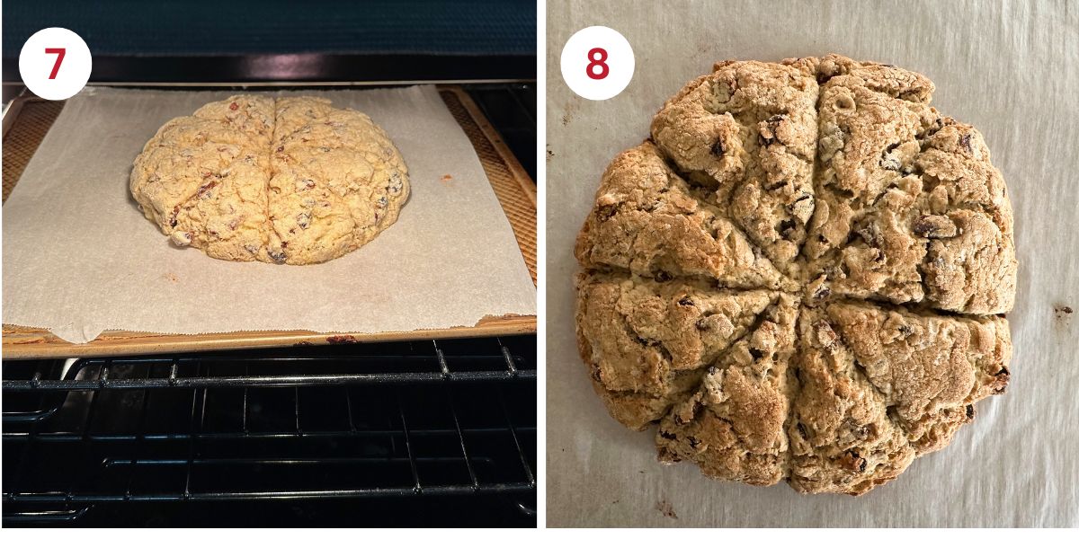 Photos of the scones in the oven and after baking.