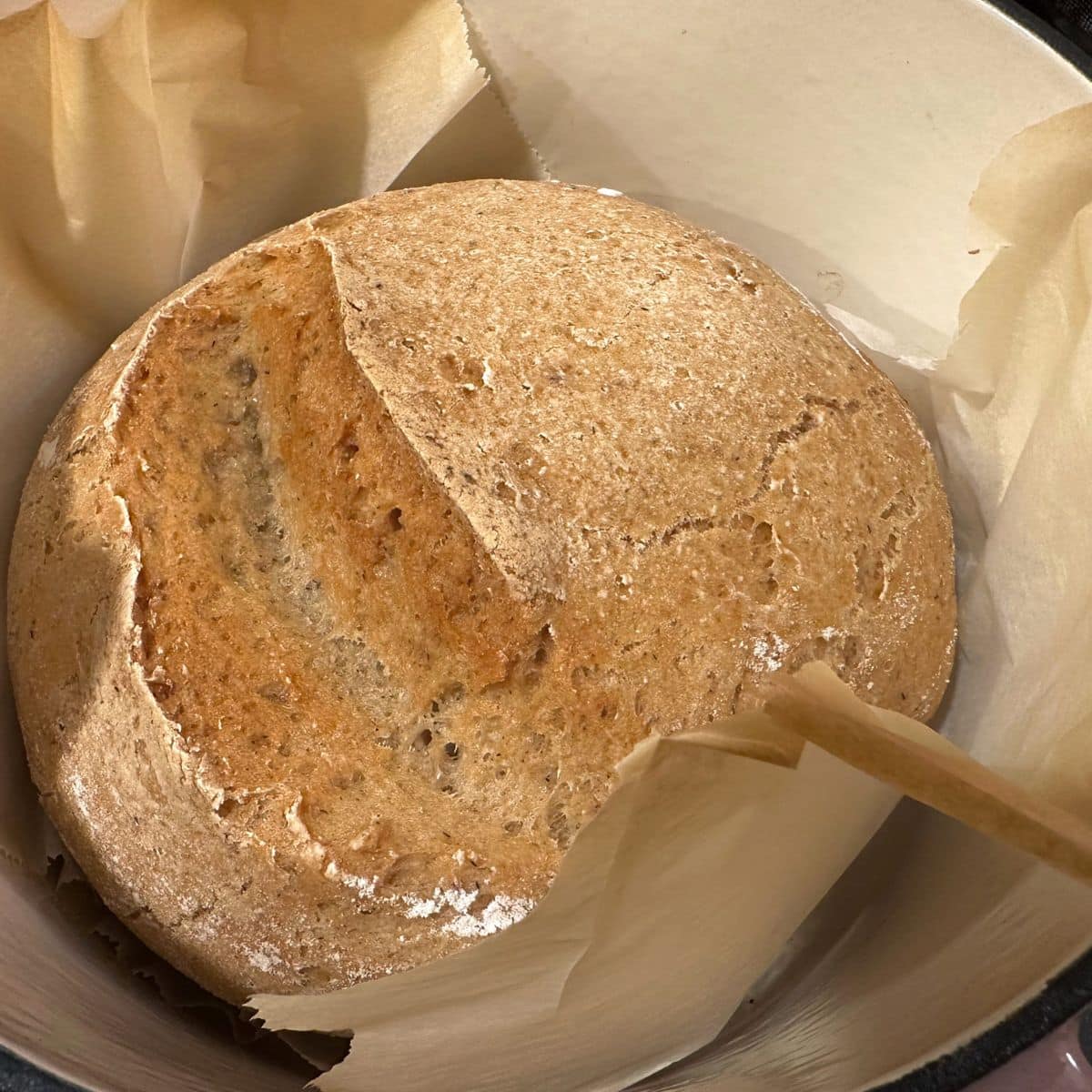 The baked bread boule in the cast iron pan.