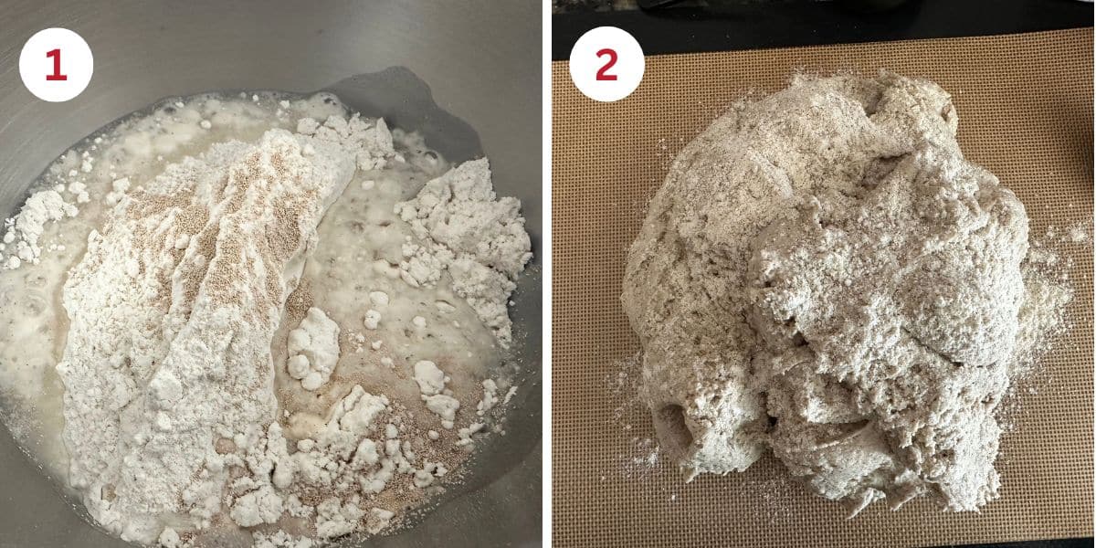 Photos of the ingredients in the mixer and the dough on a silicone mat.