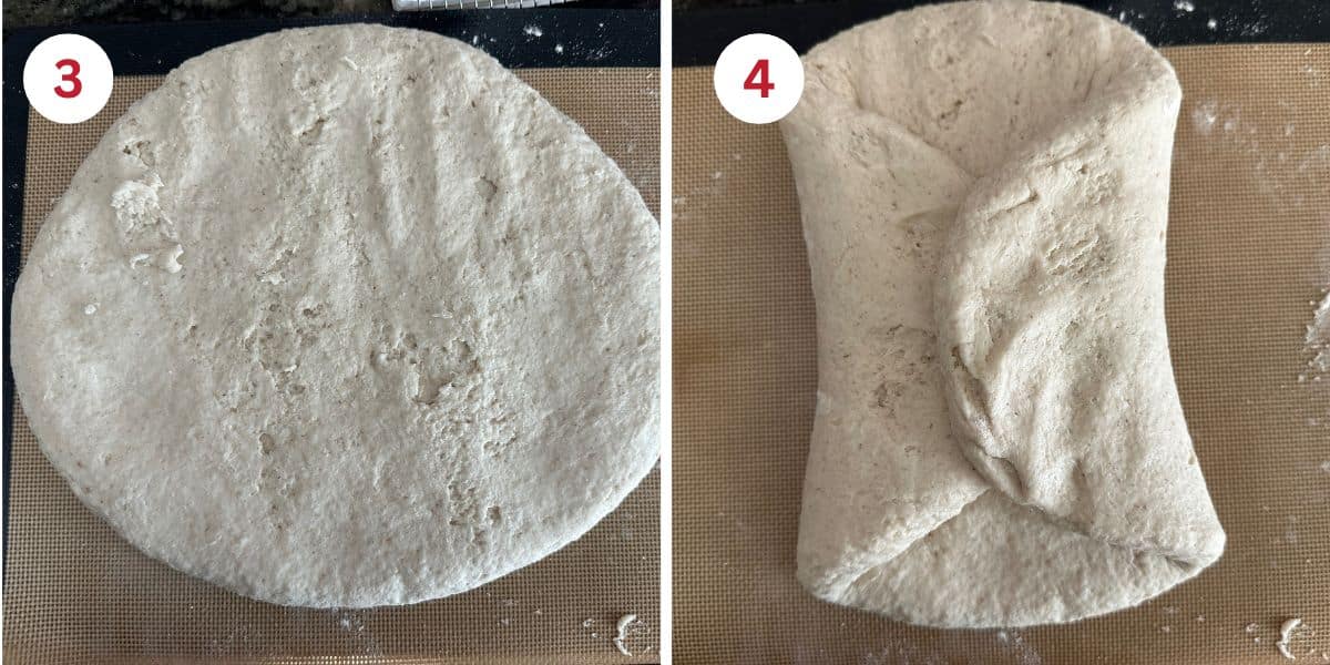 Photos flattening the dough and folding it.