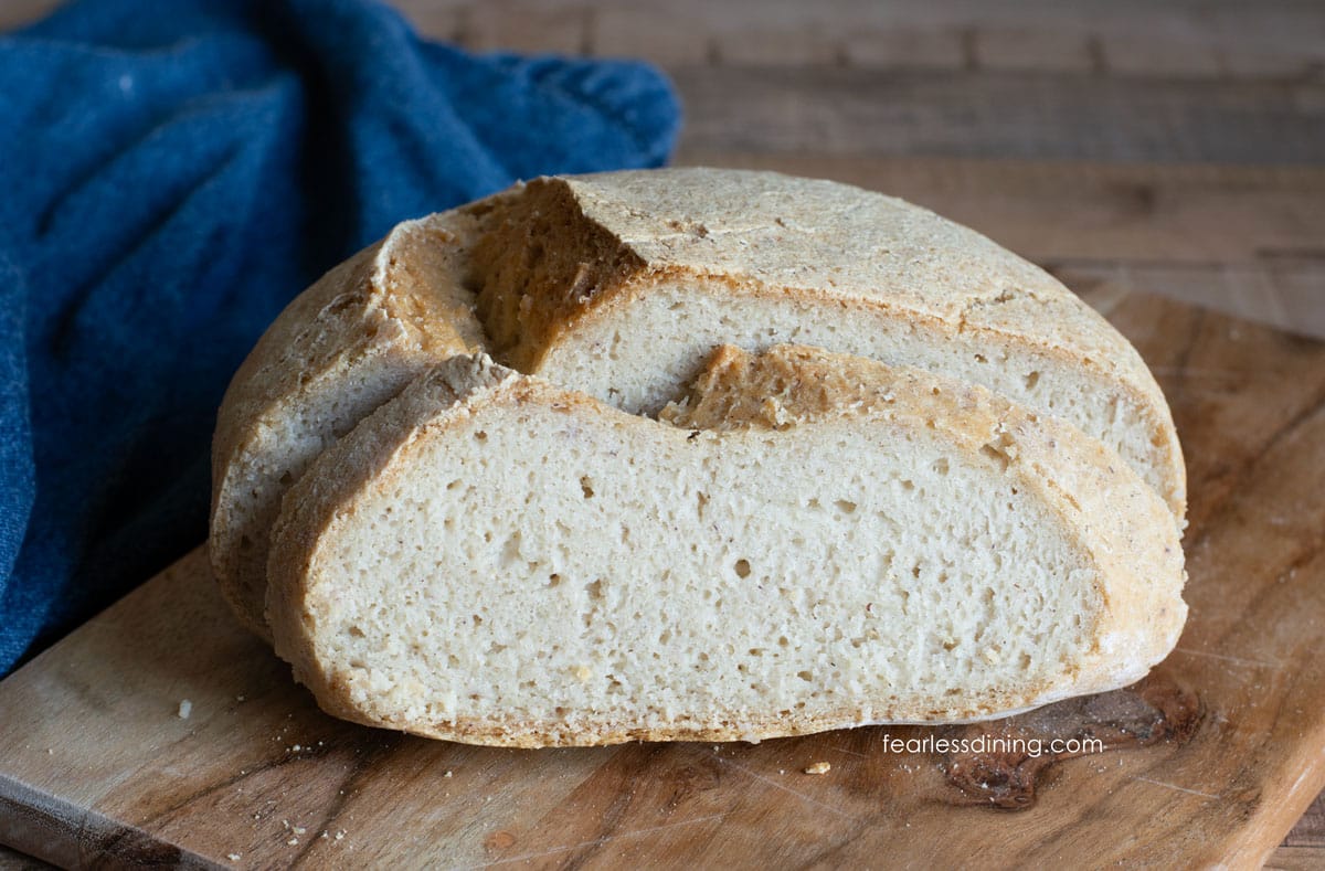 The artisan gluten free bread sliced open so you can see the inside.