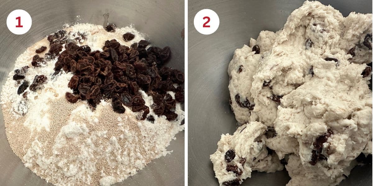 Photos showing the ingredients in the stand mixer and the dough.