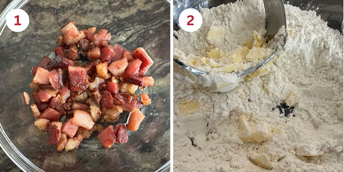 Photos showing cooked chopped bacon in a bowl and chopping in the butter bits into the flour.