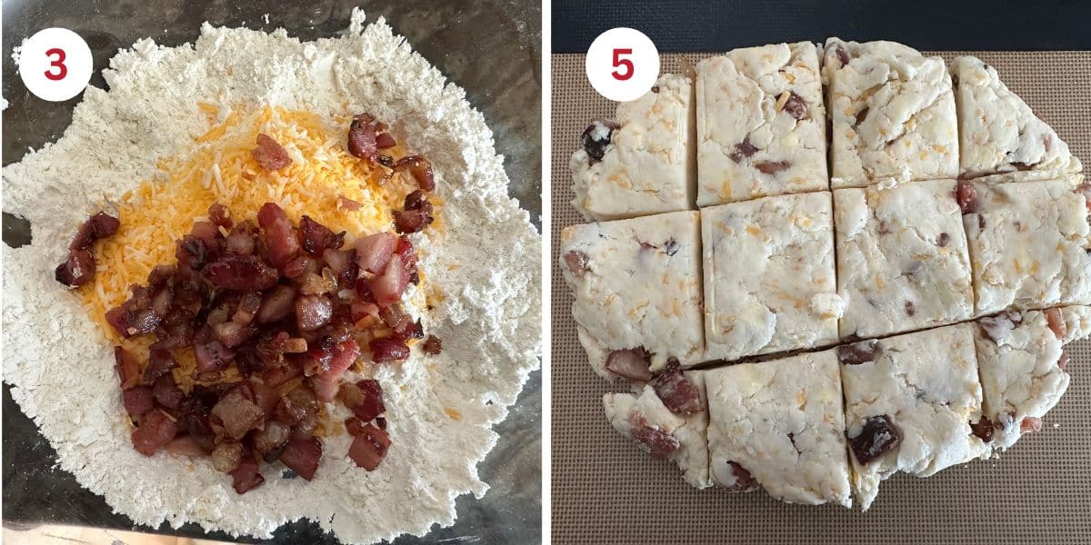 Photos of the cheese and bacon added to the dry ingredients and the biscuit dough.