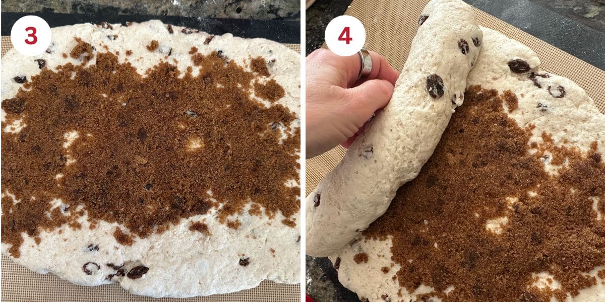Photos adding the brown sugar cinnamon swirl and rolling the dough around it.