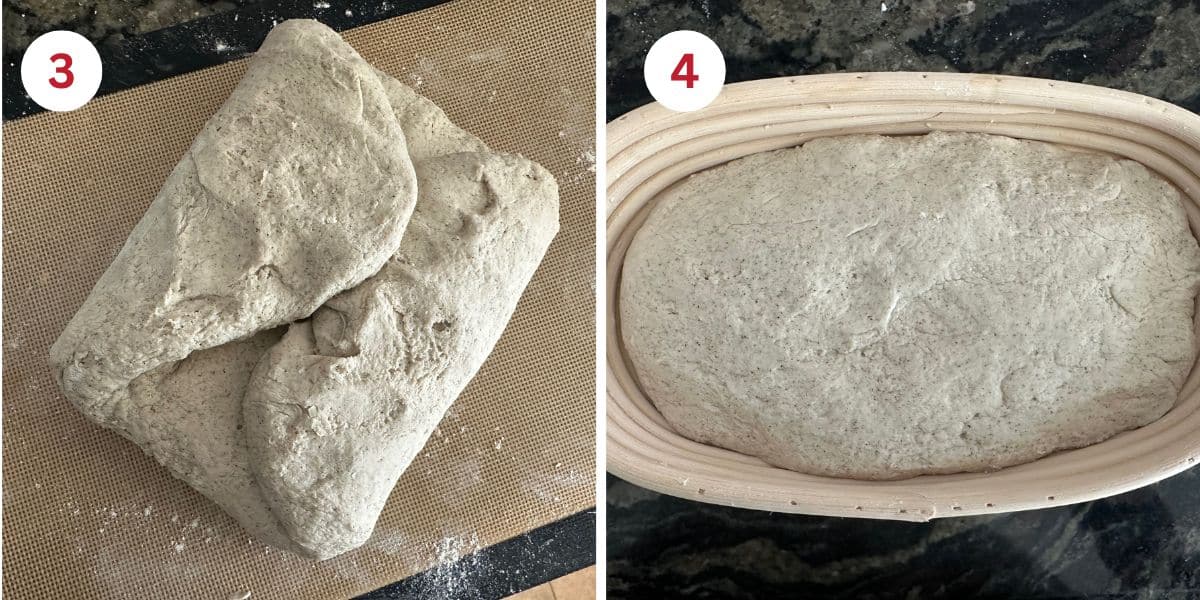 Photos of shaping the bread dough and putting it into the banneton.