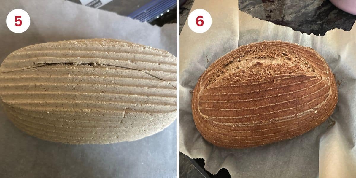Photos of the bread before and after baking.