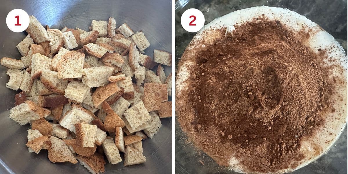 Photos of the bread cubes in a bowl and the wet ingredients in a bowl with the cocoa powder.