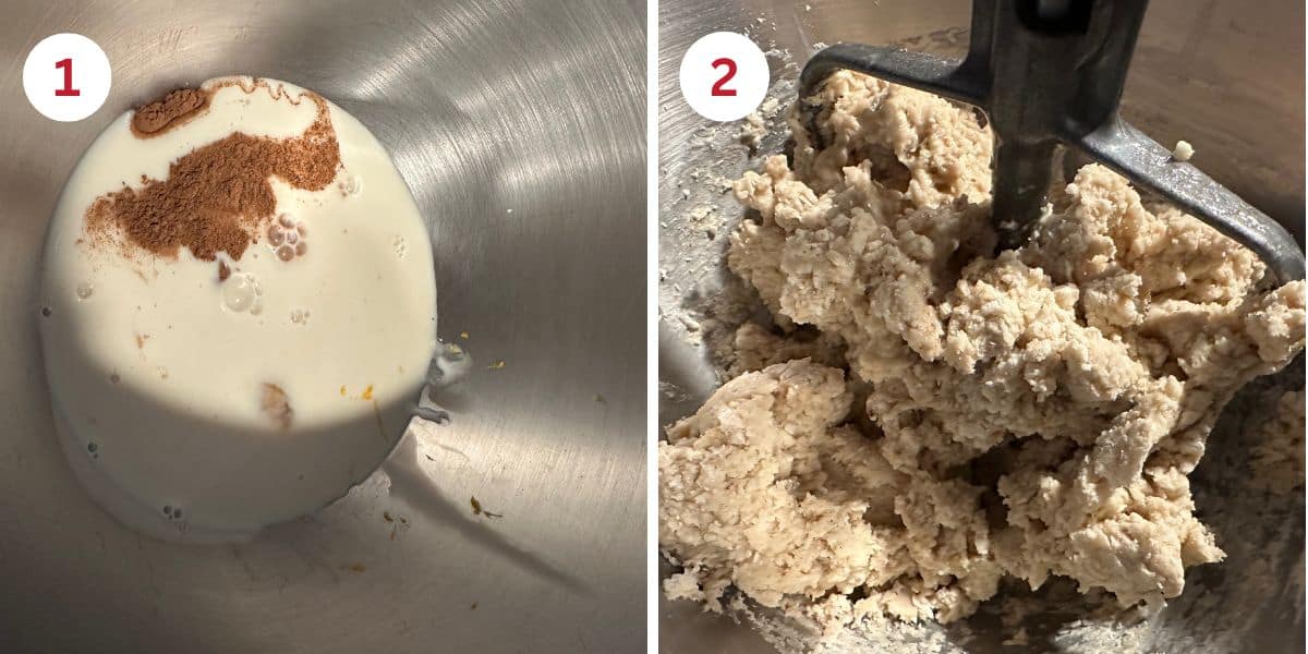 Photos showing mixing up the hot cross buns dough in a stand mixer.