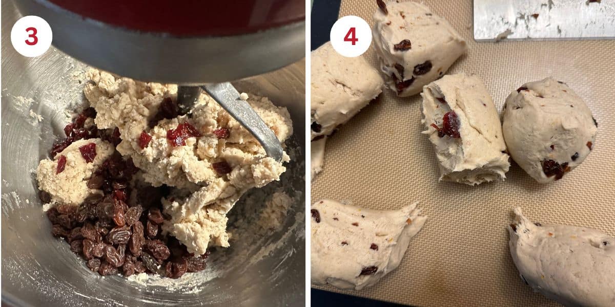 Photos adding the dried fruit to the mixer and of the dough in sectioned off pieces.