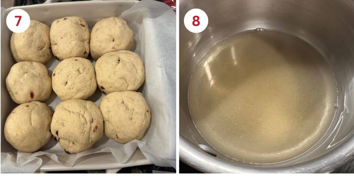 Photos of the rolls rising and the sugar glaze simmering in a small saucepan.