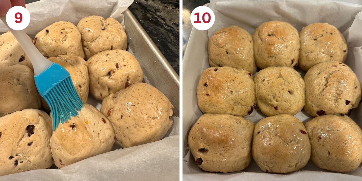 Brushing the baked gluten free hot cross buns with the syrup and the rolls after adding syrup.