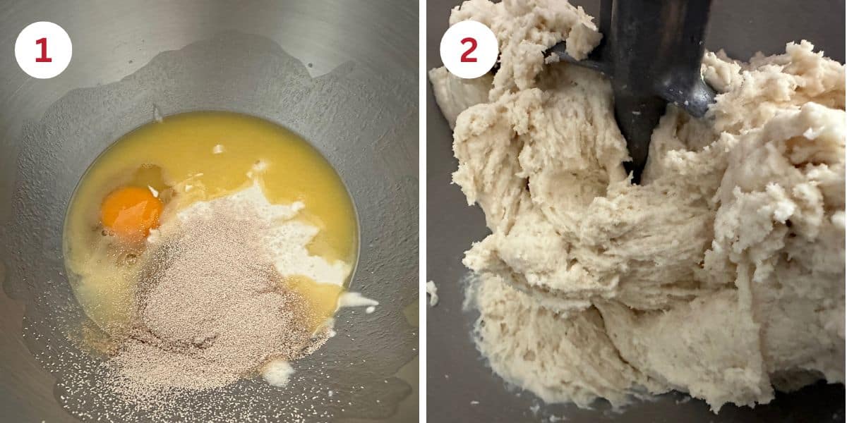 Photos of the wet ingredients in the stand mixer and of the mixed dough in the mixer.