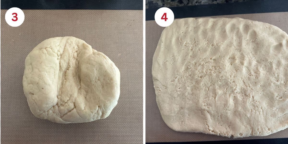 The dough on a silicone mat and the dough rolled or pressed into a rectangular shape.
