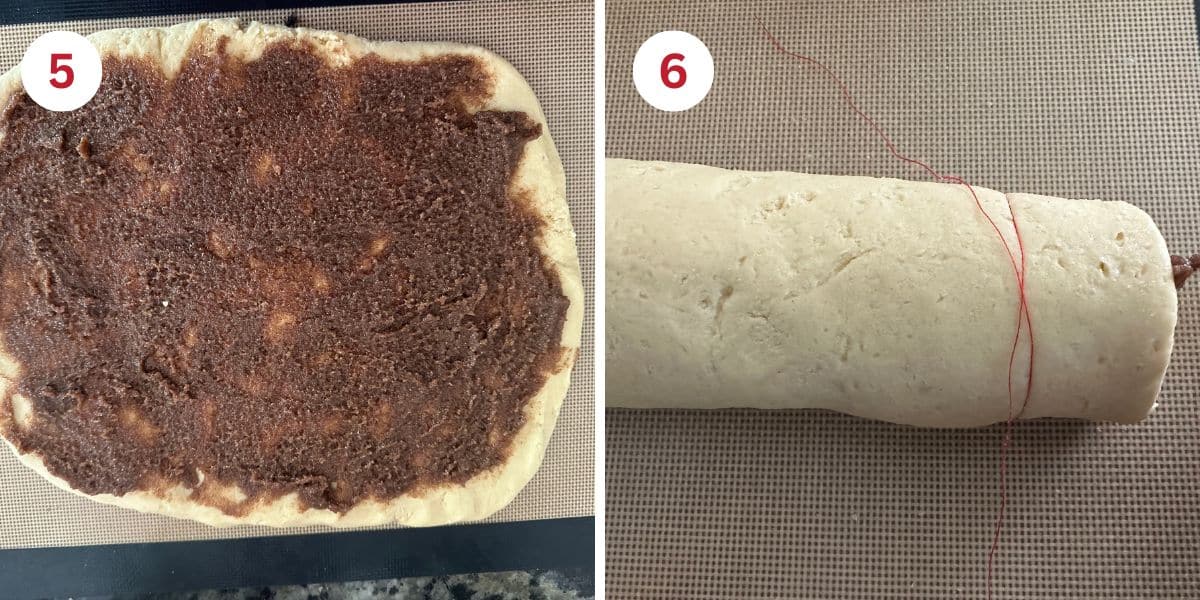 Photos of the cinnamon sugar spread over the dough and using red thread to cut the roll of dough.