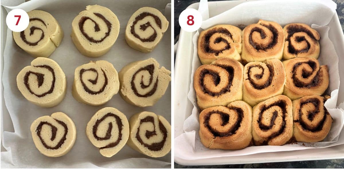 The cinnamon rolls before rising, and after the rise when they are baked.
