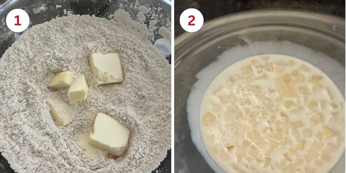 Photos showing the cold butter in the dry ingredients and the wet ingredients in a bowl.