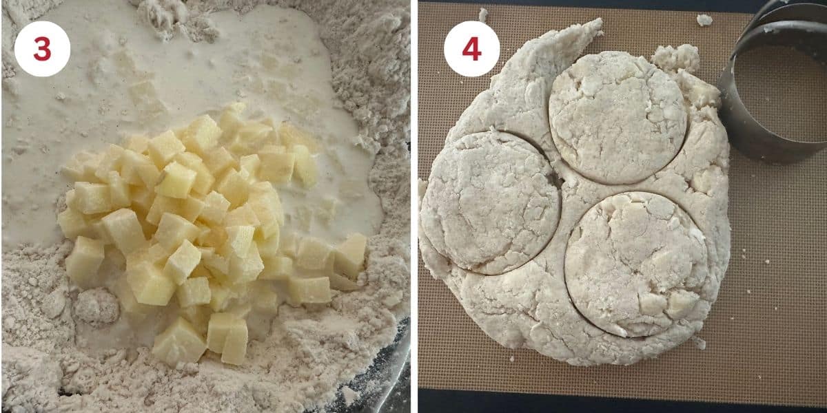 Photos of the wet and dry ingredients being mixed and using a biscuit tool to cut out the biscuits from the dough.