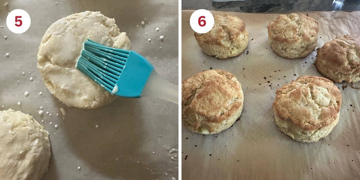 Brushing the top of the biscuit with half and half and showing the baked biscuits out of the oven.