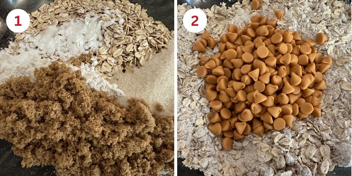 Photos mixing the dry ingredients and adding the butterscotch chips.