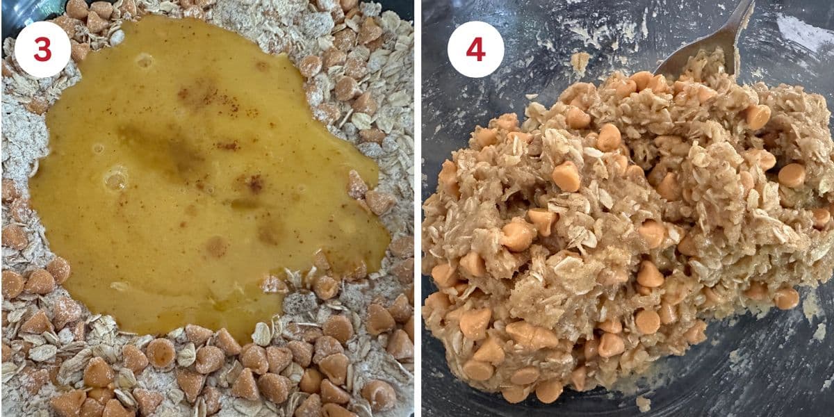 Photos of combining the wet and dry ingredients and of the cookie dough.