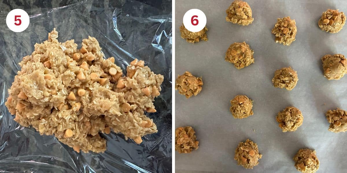 Photos of the cookie dough before chilling and the cookie dough balls on a baking sheet.
