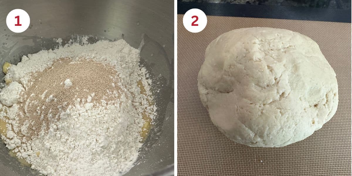 Photos of the ingredients in the stand mixer bowl and of the finished dough.