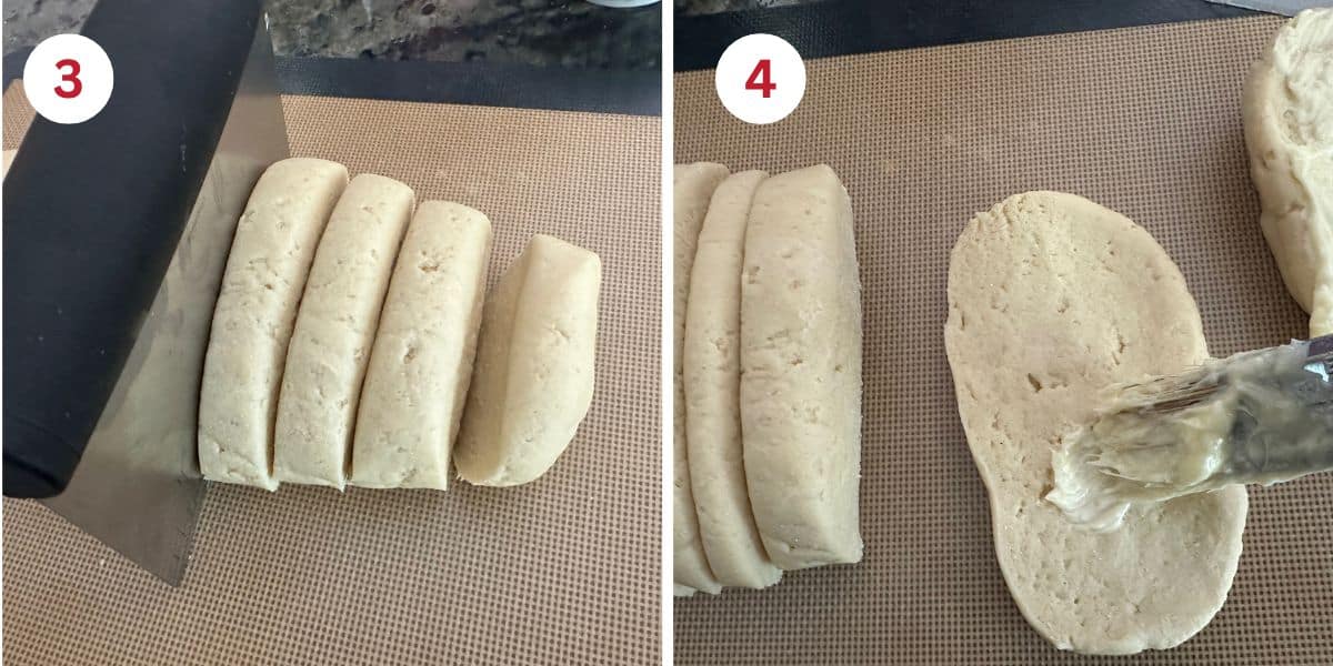 Photos showing cutting the dough and spreading on the garlic butter.