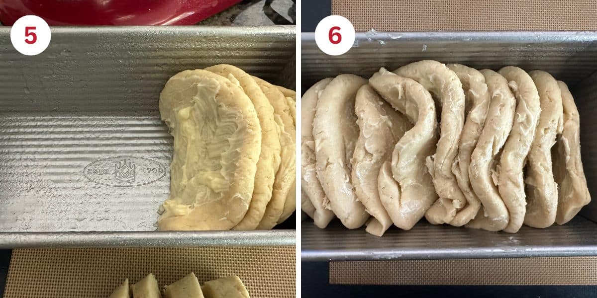 Photos showing adding the garlic butter dough slices to the loaf pan.