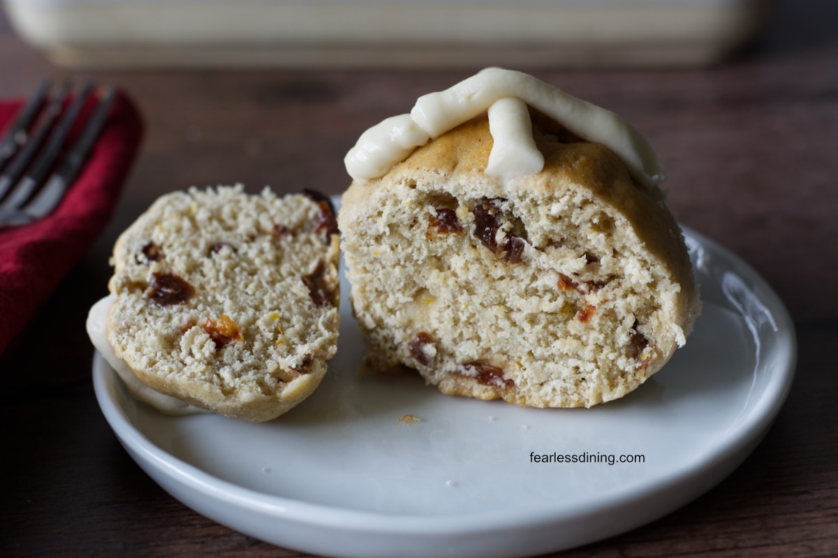 A roll is cut in half so you can see how soft the insides of the rolls are.