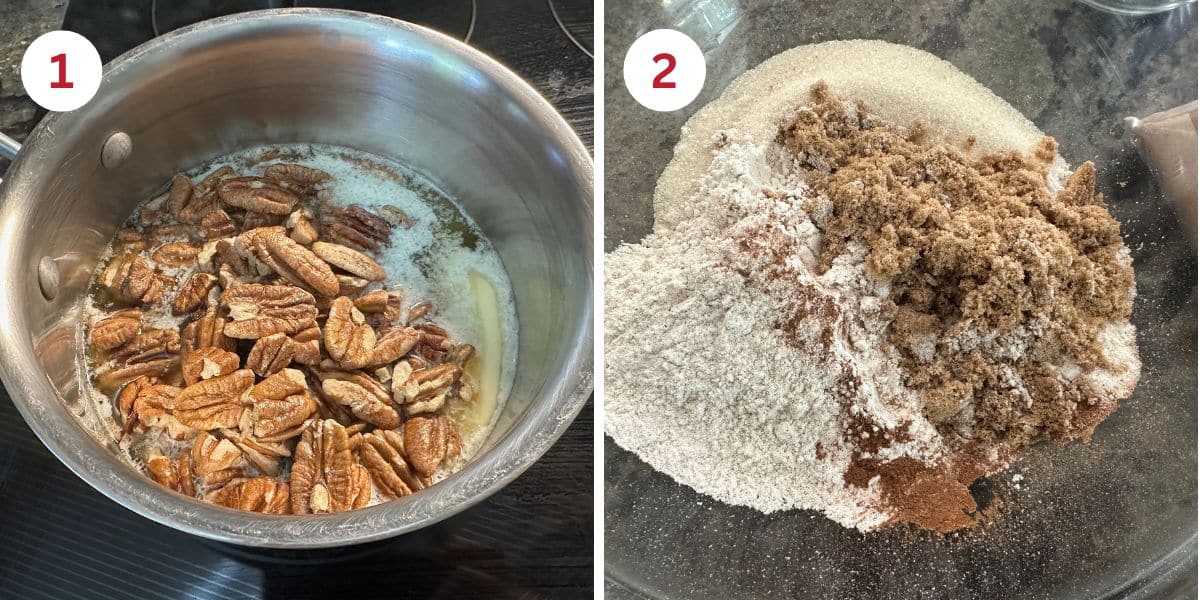 Cooking the caramel mixture in a saucepan and mixing the dry ingredients in a mixing bowl.