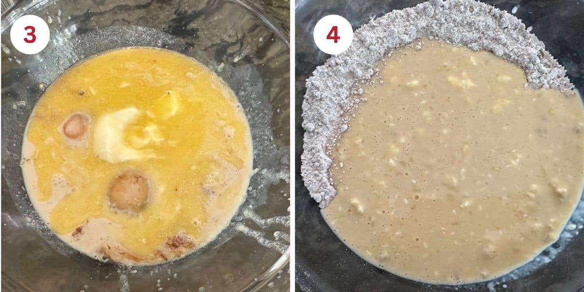 Photos of the wet ingredients in a bowl and poured into the dry ingredients.