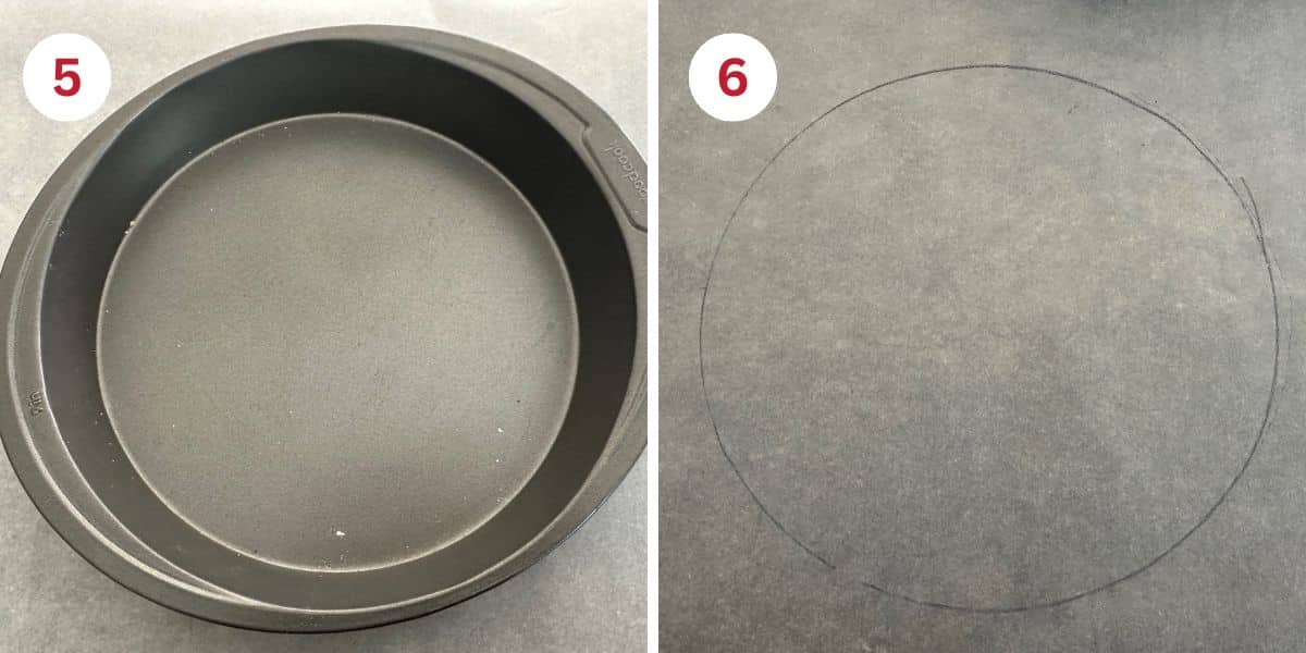 Photos showing how to trace and cut the parchment paper to fit the cake pan.