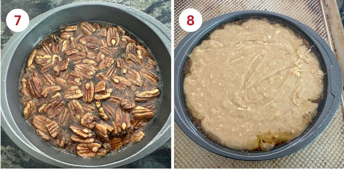 Photos of the caramel pecan mixture in the pan and then topped with the cake batter.