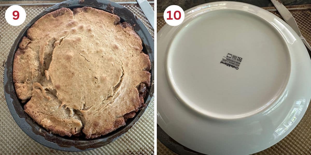 Photos of the baked cake in the pan and flipping it onto a plate.