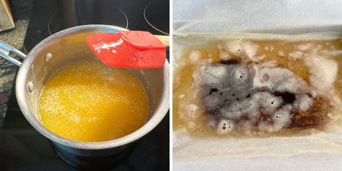 Photos of making the brown butter, and the brown butter cooling.