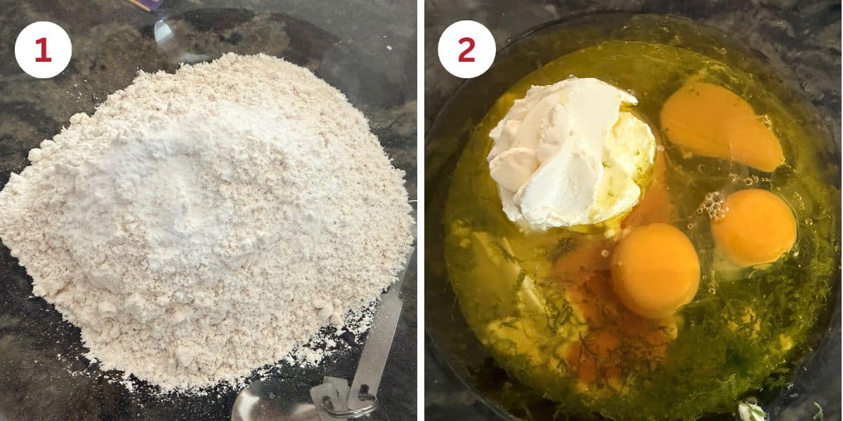 Photos of the wet and dry ingredients in separate mixing bowls.
